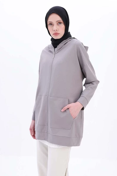 Gri-Fermuarlı Sweat Hırka - 5