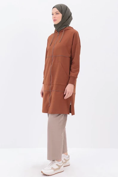 Kahve-Saten Ara Biyeli Sweat Hırka - 3