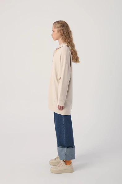 Açık Bej-Fermuarlı Sweat Hırka - 3