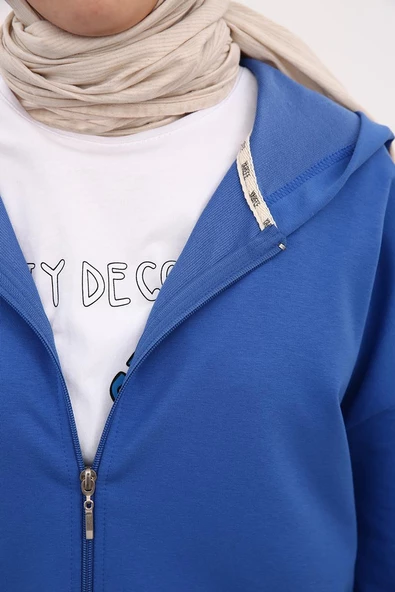 Çini Mavi-Fermuarlı Sweat Hırka - 5