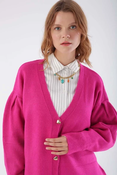 Fuşya-V Yaka Kalpli Düğmeli Triko Hırka - 5