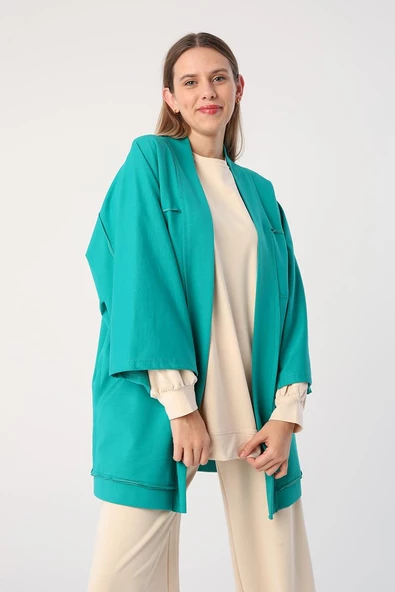 Zümrüt-Yarasa Kollu Likralı Oversize Kimono