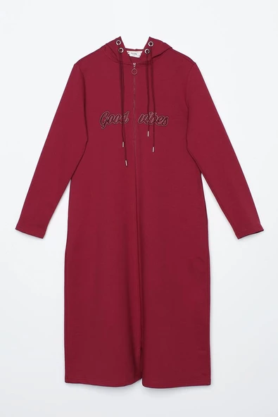 Koyu Bordo-Aplike Nakışlı Çift Kordonlu Kapüşonlu Hırka - 6