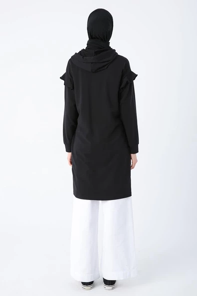 Siyah-Omuz Volanlı Kapüşonlu Fermuarlı Likralı Hırka - 4