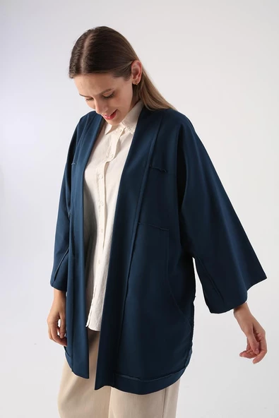 Koyu İndigo-Yarasa Kollu Oversize Kimono