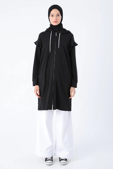 Siyah-Omuz Volanlı Kapüşonlu Fermuarlı Likralı Hırka - 2