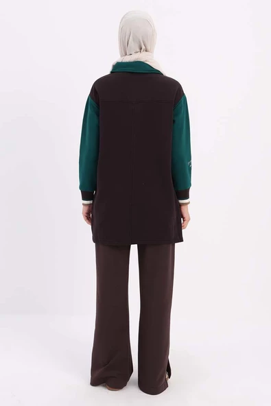 Acı Kahve-İki Renkli Nakışlı Düğmeli Rahat Hırka - 4