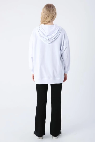 Beyaz-Oversize Kapüşonlu Sweat Hırka - 4