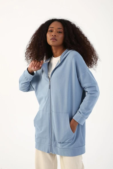 Açık Mavi-Fermuarlı Sweat Hırka - 5
