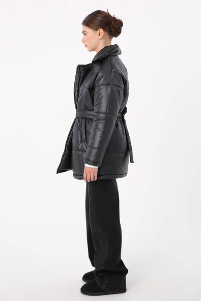 Siyah-Kalpli Kemer Aksesuarlı Şişme Mont - 3