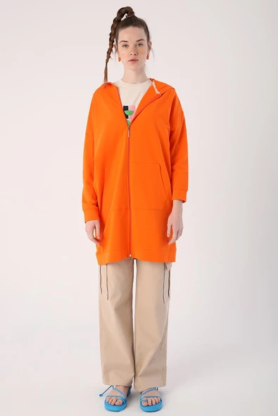 Turuncu-Fermuarlı Sweat Hırka - 2