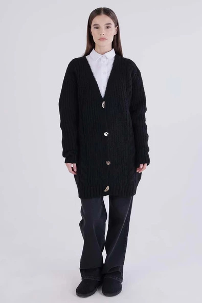 Siyah-V Yaka Düğmeli Triko Hırka - 2