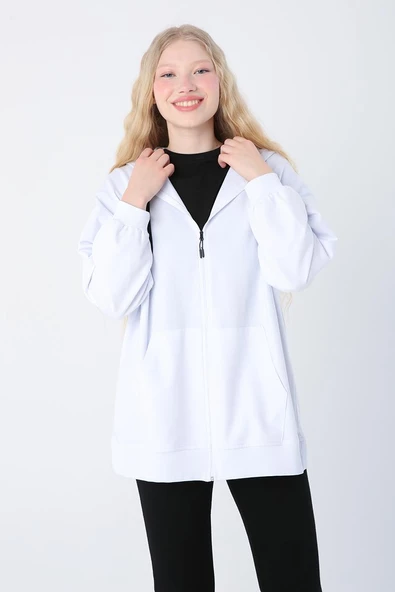 Beyaz-Oversize Kapüşonlu Sweat Hırka - 5