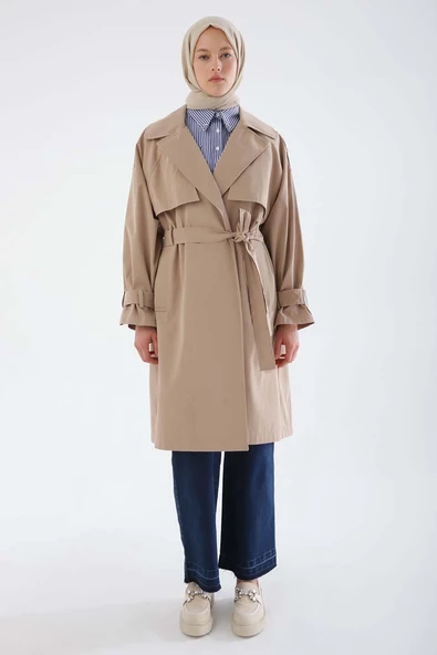 Bej-Kemerli Çıtçıtlı Trençkot - Resim 2