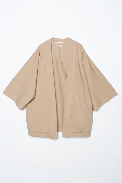 Bej-Yarasa Kollu Likralı Oversize Kimono - 6