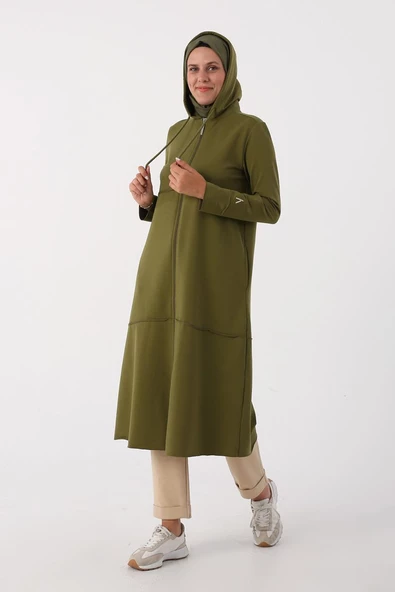 Haki01-Kapüşonlu Fermuarlı Hırka - 3