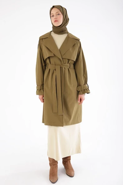 Haki-Kemerli Çıtçıtlı Trençkot - Resim 5