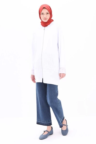 Beyaz-%100 Pamuklu Fisto Sweat Hırka - 5