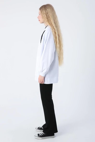 Beyaz-Oversize Kapüşonlu Sweat Hırka - 3