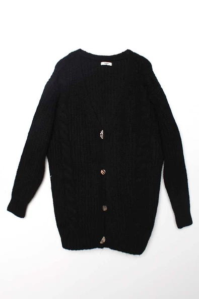 Siyah-V Yaka Düğmeli Triko Hırka - 9