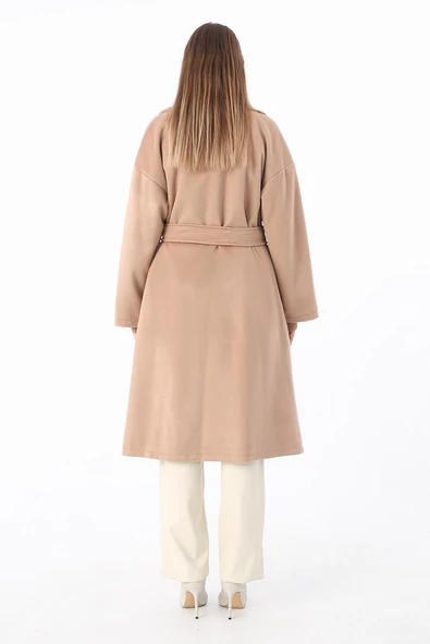 Koyu Bej-Kruvaze Yaka Kuşaklı Kaşe Kaban - 4