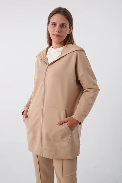 Bej-Fermuarlı Sweat Hırka - 5