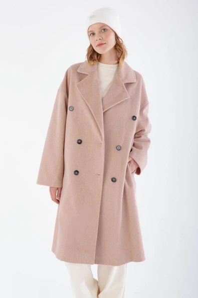 Pembe-Arkadan Yırtmaçlı Kaşe Kaban - 5