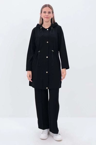 Siyah-Kapüşonlu Belden Kanallı Hırka - 2