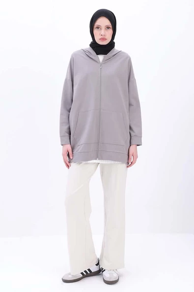 Gri-Fermuarlı Sweat Hırka - 2
