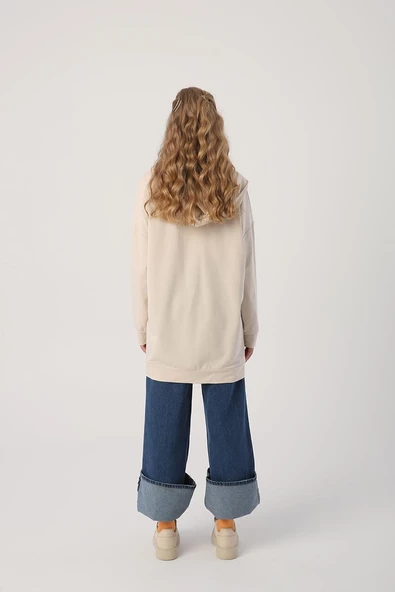 Açık Bej-Fermuarlı Sweat Hırka - 4