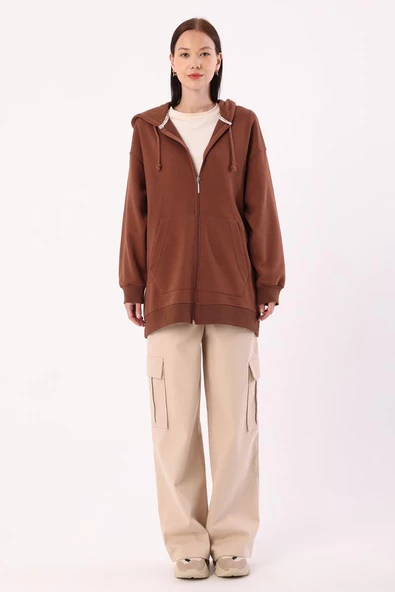 Açık Kahve-Kanguru Cepli Oversize Sweat Hırka - 2