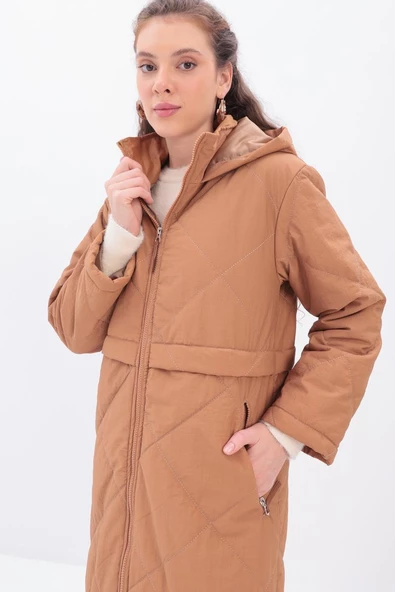 Toprak-Kapşonlu Kapitone Kaban - Resim 4