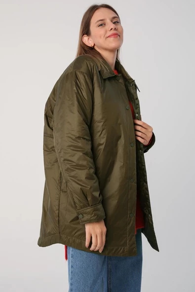 Haki-Oversize Çıtçıtlı Gömlek Yaka Mont - 2