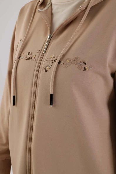 Bej-Decigive Nakışlı Likralı Uzun Hırka - 5