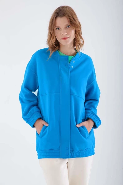 Mavi-Çıtçıtlı Fermuarlı Şardonlu Hırka - 5