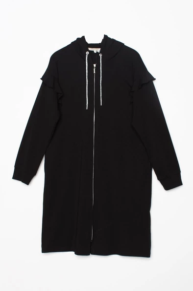 Siyah-Omuz Volanlı Kapüşonlu Fermuarlı Likralı Hırka - 7