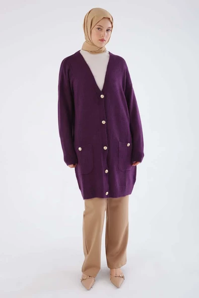 Mor-V Yaka Cepli Triko Hırka - Resim 2