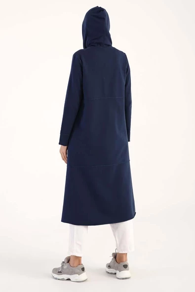 İndigo-Kapüşonlu Fermuarlı Hırka - Resim 5