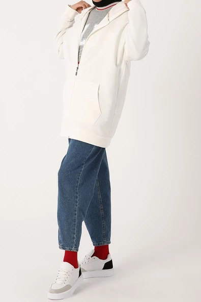 Ekru-Fermuarlı Sweat Hırka - 4