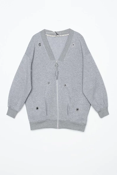 Gri Melanj-V Yaka Kuşgözü Detaylı Şardonlu Fermuarlı Hırka - Resim 8