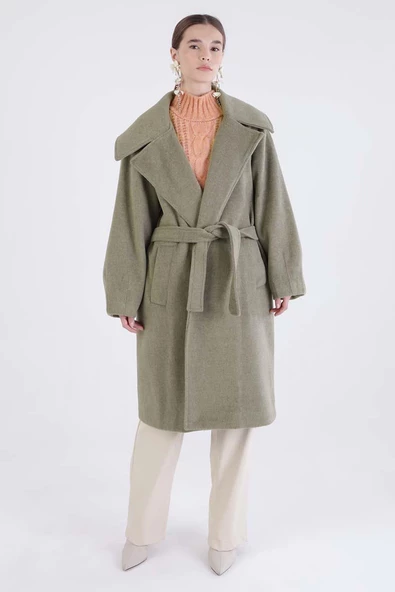 Yeşil-Oversize Kuşaklı Kaşe Kaban - Resim 2