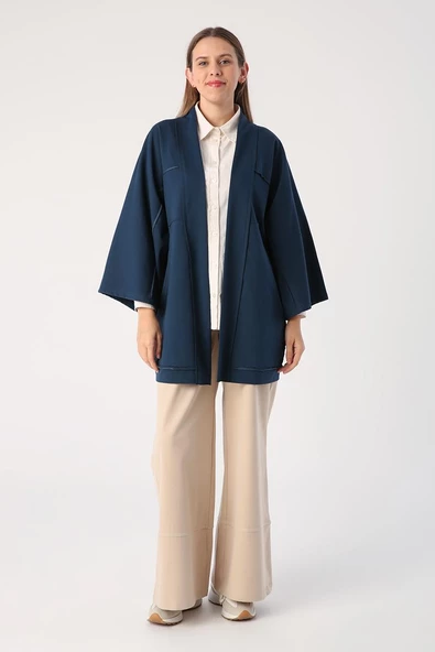 Koyu İndigo-Yarasa Kollu Likralı Oversize Kimono - 2