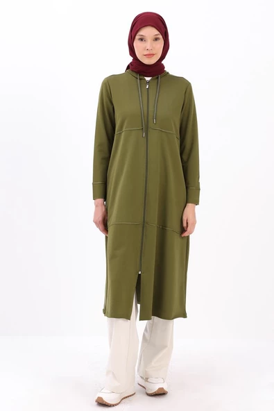 Haki-Kapüşonlu Fermuarlı Hırka - 2