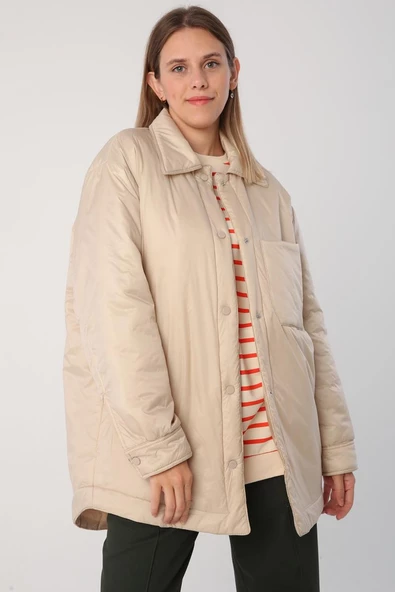 Bej-Oversize Çıtçıtlı Gömlek Yaka Mont - 2