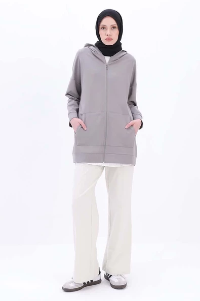 Gri-Fermuarlı Sweat Hırka