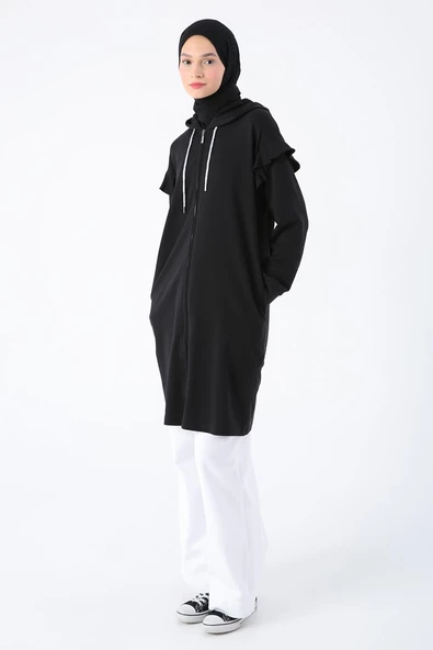 Siyah-Omuz Volanlı Kapüşonlu Fermuarlı Likralı Hırka