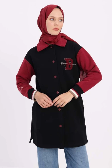 Siyah-İki Renkli Nakışlı Düğmeli Rahat Hırka