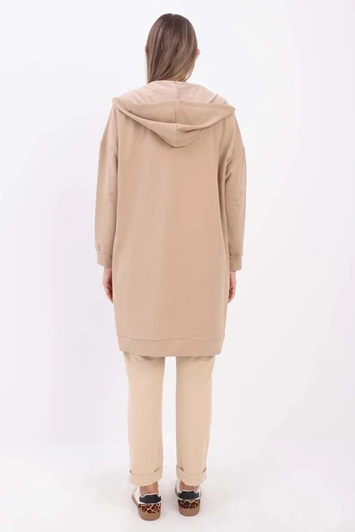 Açık Vizon-Fermuarlı Sweat Hırka - 4