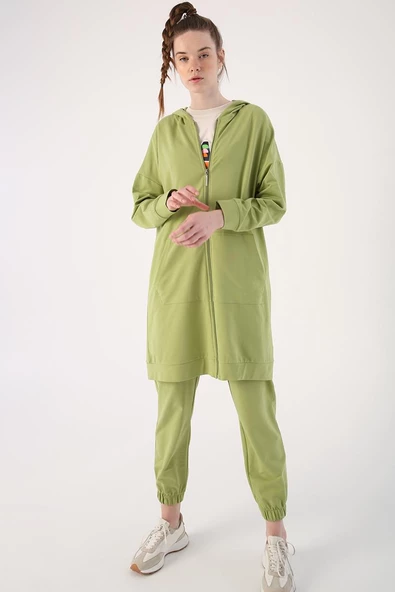 Açık Yeşil-Fermuarlı Sweat Hırka - 5