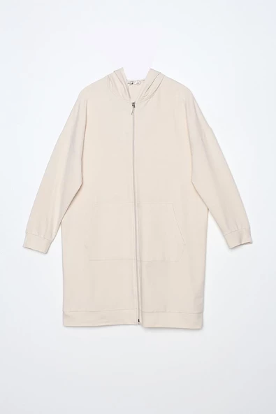 Ekru-Fermuarlı Sweat Hırka - 7